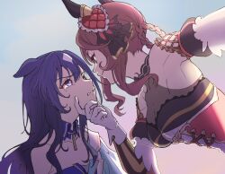  2girls animal_ears blue_hair braided_hair_rings breasts brown_hair commentary_request detached_collar ear_covers from_side gentildonna_(umamusume) grabbing_another&#039;s_chin hair_between_eyes hand_on_another&#039;s_chin heart-shaped_ornament heart_ear_ornament horse_ears horse_girl large_breasts long_hair looking_at_another multiple_girls partial_commentary spoon_(tamakakama) umamusume verxina_(umamusume) white_hair 