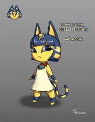  animal_crossing ankha_(animal_crossing) anthro biped clothed clothing domestic_cat english_text felid feline felis female hair mammal nintendo solo tail text toby_art yellow_body 