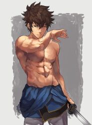  1boy abs black_hair fire_emblem fire_emblem_awakening grey_background groin hashiko_(neleven) highres holding holding_sword holding_weapon katana lon&#039;qu_(fire_emblem) looking_at_viewer male_focus muscular muscular_male one_eye_closed pants pectorals short_hair solo sweat sword topless_male two-tone_background upper_body weapon white_background white_pants 