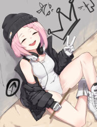  beanie black_gloves black_hat black_jacket boots breasts closed_eyes commentary cross-laced_footwear drumsticks facing_viewer female girls&#039;_frontline gloves hat headphones headphones_around_neck highres holding holding_drumsticks jacket mk_153_(girls&#039;_frontline) open_clothes open_jacket open_mouth pink_hair short_hair single_off_shoulder sitting smile solo teeth two-tone_gloves upper_teeth_only v white_footwear white_gloves zafuri_(yzrnegy) 