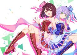  2girls :d absurdres alternate_costume atelier_(series) atelier_sophie bare_shoulders blue_footwear blue_shirt blue_skirt boots commentary cross-laced_footwear english_commentary frilled_skirt frills green_eyes hand_up high_heel_boots high_heels highres idol idol_clothes knee_boots locked_arms looking_at_viewer multiple_girls open_hand open_mouth plachta purple_hair red_footwear red_hair red_shirt red_skirt shirt short_hair sitting skirt smile sophie_neuenmuller triangle uhouhogorigori w 