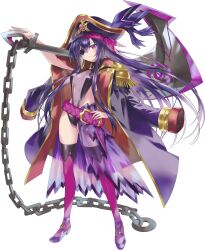  anchor belt breasts chains dark_persona date_a_live dress epaulettes eyepatch fantasia_re:build female full_body hat highres jacket long_hair long_sleeves looking_at_viewer medium_breasts navel official_alternate_costume official_art open_clothes open_jacket pirate_hat purple_belt purple_eyes purple_hair solo tachi-e third-party_source transparent_background weapon yatogami_tenka 