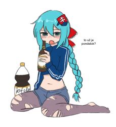  aqua_eyes aqua_hair blue_jacket blue_shorts blush bottle braid crop_top cropped_jacket english_commentary female full_body glass_bottle hair_ribbon hatsune_miku highres holding holding_bottle jacket long_sleeves midriff mliko444 navel no_shoes on_floor open_mouth pantyhose red_ribbon ribbon shorts simple_background slovak_text slovakia soda solo torn_clothes torn_pantyhose track_jacket translated twin_braids vocaloid white_background 