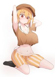  :&lt; absurdres animal_ears armpits arms_behind_head arms_up blonde_hair blush breasts brown_hat cleavage closed_mouth collarbone commentary_request commission female full_body hat highres large_breasts navel orange_shirt orange_shorts pixiv_commission rabbit_ears rabbit_girl rabbit_tail ringo_(touhou) rioku shirt short_eyebrows short_hair short_sleeves shorts simple_background sitting solo striped_clothes striped_shorts sweat tail touhou vertical-striped_clothes vertical-striped_shorts wariza white_background white_shorts 