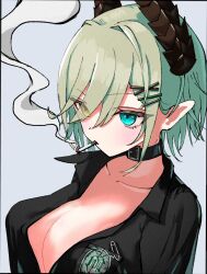  belt belt_collar black_belt black_horns black_shirt blue_eyes blush bobby_pin breasts cigarette cleavage collar collared_shirt commentary_request demon_girl demon_horns expressionless eyes_visible_through_hair female grey_background hair_between_eyes hair_ornament hair_over_one_eye hairclip heterochromia highres horns large_breasts long_bangs looking_afar nanashi_inc. open_clothes open_shirt pointy_ears sekishiro_mico shirt short_hair simple_background smoke smoking solo upper_body virtual_youtuber wasabifu x_hair_ornament yellow_eyes 