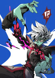  !? 1boy absurdres blood bone colored_skin dragon_ball dragon_ball_super earrings english_commentary film_grain floating_earring fused_zamasu green_skin grey_eyes guro highres jewelry kimo looking_down male_focus open_mouth pointy_ears potara_earrings severed_arm severed_limb short_hair silver_ring solo spiked_hair torn_clothes torn_sleeves white_hair wide-eyed 