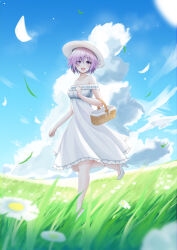  absurdres alternate_costume bare_legs bare_shoulders basket blue_sky blush breasts commentary_request day dress fate/grand_order fate_(series) female flower full_body grass hair_over_one_eye hand_up hat high_heels highres holding holding_basket looking_at_viewer mash_kyrielight medium_breasts mikqze off-shoulder_dress off_shoulder open_mouth outdoors picnic_basket pumps purple_eyes purple_hair short_hair sky solo standing standing_on_one_leg white_dress white_footwear white_hat wind 