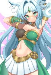  absurdres animal_ears apollousa_bow_of_the_goddess armpits arms_up blue_hair bracelet crop_top duel_monster female green_eyes highres jewelry kuroguy looking_at_viewer midriff navel skirt solo white_background white_skirt yu-gi-oh! 