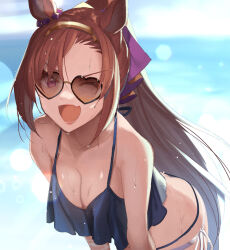  ahoge alternate_costume animal_ears bikini blue_bikini breasts cosplay ear_ornament female frilled_bikini frills heart heart-shaped_eyewear highres horse_ears horse_girl kabocha_(monkey4) maruzensky_(blasting_off_summer_night)_(umamusume) maruzensky_(umamusume) maruzensky_(umamusume)_(cosplay) ponytail sakura_bakushin_o_(umamusume) solo sunglasses swimsuit umamusume 