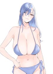  bikini blue_bikini blue_hair blue_nails breasts cleavage closed_mouth commentary_request eyelashes female goshiki_suzu hair_between_eyes highres huge_breasts long_hair looking_at_viewer mole mole_under_eye nail_polish original simple_background solo swimsuit tokiwa_nao white_background 