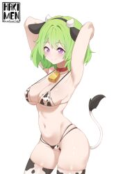  absurdres animal_ears animal_print armpits arms_up artist_name bell bikini blush breasts cleavage closed_mouth commission cow_ears cow_horns cow_print cow_print_bikini cow_print_thighhighs cow_tail cowbell fake_animal_ears fake_horns female green_hair hair_intakes hakimen highres horns ichika_maia indie_virtual_youtuber medium_breasts navel pink_eyes print_bikini print_thighhighs simple_background smile solo swimsuit tail thighhighs twitter_username virtual_youtuber white_background 