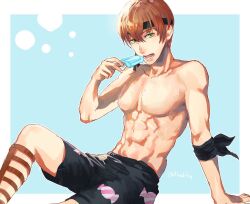  1boy abs candy_print fire_emblem fire_emblem_awakening fire_emblem_heroes food gaius_(fire_emblem) gaius_(thief_exposed)_(fire_emblem) green_eyes hashiko_(neleven) male_focus male_swimwear official_alternate_costume pectorals popsicle swim_trunks topless_male 