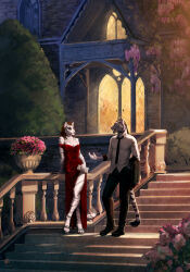  anthro bound building clothing digital_media_(artwork) dress duo felid female flower footwear hair hi_res khajiit leopard male mammal microsoft pantherine plant sheta shoes stairs tail techiesxc the_elder_scrolls tree window 