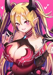  bare_shoulders black_wings blonde_hair blush breasts cleavage demon_girl demon_horns demon_wings dress duel_monster earrings female heart heart_earrings highres horns i-nn jewelry lacrima_the_scarlet_sorrow large_breasts long_hair oerba_yun_fang pink_background pointy_ears purple_eyes purple_hair red_dress red_nails simple_background skin_fang solo two_side_up wings yu-gi-oh! 