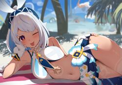  :p beach bitseon blue_nails blue_sky blurry blurry_background blush breasts cowboy_shot female fingerless_gloves genshin_impact gloves hairband hand_on_own_thigh long_hair looking_at_viewer lying medium_breasts mualani_(genshin_impact) nail_polish navel on_side one_eye_closed outdoors paid_reward_available red_eyes sand shadow sidelocks sky smile solo symbol-shaped_pupils thighs tongue tongue_out tree v-shaped_eyebrows water white_gloves white_hair yellow_nails 