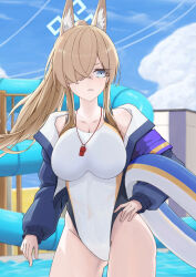  animal_ear_fluff animal_ears blonde_hair blue_archive blue_eyes blue_halo blue_jacket blue_sky breasts cloud competition_swimsuit covered_navel cowboy_shot day dog_ears dog_girl extra_ears female hair_over_one_eye halo highleg highleg_one-piece_swimsuit innertube jacket kanna_(blue_archive) kanna_(swimsuit)_(blue_archive) large_breasts long_hair looking_at_viewer looking_to_the_side neko_pepper notched_ear official_alternate_costume one-piece_swimsuit outdoors ponytail purple_armband red_whistle sky solo standing swim_ring swimsuit whistle whistle_around_neck white_one-piece_swimsuit 