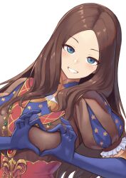  blue_eyes blue_gloves blush breasts brown_hair fate/grand_order fate_(series) female forehead gloves grin highres large_breasts leonardo_da_vinci_(fate) long_hair looking_at_viewer parted_bangs puff_and_slash_sleeves puffy_short_sleeves puffy_sleeves ranma_(kamenrideroz) short_sleeves smile solo 