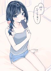  bed black_hair blue_eyes blue_hair blue_shorts blush camisole commentary_request female food goshiki_suzu hair_ornament hair_scrunchie highres holding holding_food holding_popsicle looking_at_viewer multicolored_hair on_bed original popsicle scrunchie short_shorts shorts sitting solo speech_bubble sweat translation_request 