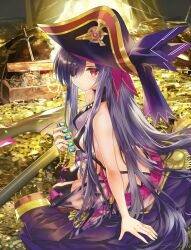  absurdres anchor breasts dark_persona date_a_live dress epaulettes eyepatch fantasia_re:build female gold hair_between_eyes hat highres jacket jewelry long_hair long_sleeves looking_at_viewer medium_breasts official_art pirate_hat purple_jacket red_eyes sitting solo third-party_source treasure treasure_chest v-shaped_eyebrows yatogami_tenka 