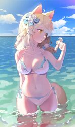  absurdres ahoge animal_ears bikini blonde_hair blue_bow blue_sky bow braid breasts brown_eyes cat_ears cat_girl cat_tail cloud collarbone commentary commission curvy female flower hair_flower hair_ornament hairbow highres horizon jugyeom large_breasts long_hair looking_to_the_side navel ocean original sky slit_pupils solo standing sunlight swimsuit tail twin_braids twirling_hair wading water white_bikini yellow_eyes 