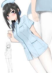  absurdres arm_behind_back ass black_hair blue_dress blue_eyes blue_hat blush breasts clipboard closed_mouth commentary dress eyelashes female flying_sweatdrops goshiki_suzu hair_over_shoulder hat highres multicolored_hair multiple_views nurse nurse_cap original pantyhose short_sleeves simple_background sweat symbol-only_commentary white_background white_pantyhose 