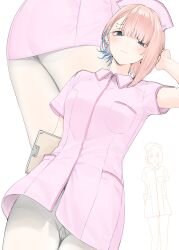  absurdres arm_behind_back arms_behind_back ass asymmetrical_bangs asymmetrical_hair blue_eyes blue_hair blush breasts clipboard closed_mouth dress ear_piercing eyebrow_piercing female goshiki_suzu grey_pantyhose hat highres holding holding_clipboard looking_at_viewer multiple_views nurse nurse_cap original pantyhose piercing pink_dress pink_hair pink_hat short_hair short_sleeves simple_background white_background 