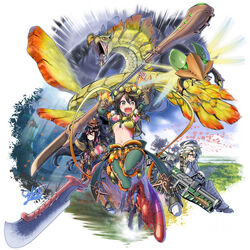  3girls :d arms_up bandages bird black_hair blonde_hair blue_eyes breasts brown_eyes brown_hair bug cleavage commentary_request dated detached_sleeves eyepatch grass grin gun hair_between_eyes highres holding holding_gun holding_sword holding_weapon insect_glaive iodrome kecha_wacha_(armor) khezu_(armor) long_hair mask mask_on_head medium_breasts monster monster_hunter_(character) monster_hunter_(series) multiple_girls najarala navel on_one_knee open_mouth outdoors pants red_eyes river shoes short_hair signature silhouette smile snake sword tetsucabra_(armor) tree v-shaped_eyebrows very_long_hair water weapon yoshida_hideyuki 