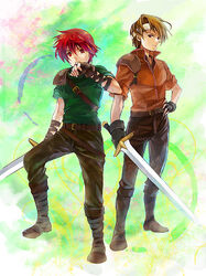  2boys bad_id bad_pixiv_id blonde_hair boots caesar_(fire_emblem) commentary_request fingerless_gloves fire_emblem fire_emblem:_mystery_of_the_emblem gloves headband kaito_(sawayakasawaday) multiple_boys radd_(fire_emblem) red_eyes red_hair sword weapon 