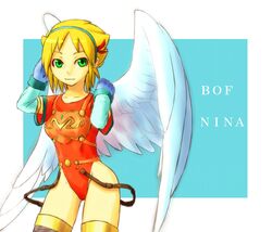  angel_wings armor blonde_hair boots breasts breath_of_fire breath_of_fire_i commentary_request feathered_wings female gloves green_eyes hairband highres large_wings leotard nina_(breath_of_fire_i) red_leotard short_hair small_breasts solo thighhighs torisei8 white_wings wings 