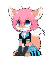  2017 alpha_channel anthro blue_eyes bottomwear canid canine chibi clothed clothing collar dipstick_tail footwear fox fur hair jaxfenrir kneeling legwear male mammal markings multicolored_tail orange_body orange_fur pink_hair school_uniform skirt socks solo tail tail_markings uniform white_body white_fur zombie-artist 