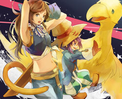  2girls alternate_costume armpits arms_behind_head arms_up baggy_pants blue_eyes brown_hair chocobo cosplay crossdressing eiko_carol final_fantasy final_fantasy_ix garnet_til_alexandros_xvii gloves hat horns long_hair looking_at_viewer midriff multiple_girls navel neck_ribbon pants purple_hair ribbon scabbard sheath shirt short_hair single_horn smile tail tamu_(tamurarucaffe1226) tied_shirt vivi_ornitier vivi_ornitier_(cosplay) witch_hat wrist_cuffs zidane_tribal zidane_tribal_(cosplay) 