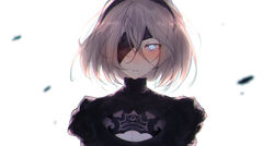  2b_(nier:automata) absurdres arms_at_sides bad_id bad_pixiv_id black_blindfold black_dress black_hairband blindfold blindfold_slip blue_eyes blush bob_cut breasts cleavage_cutout clothing_cutout commentary dress english_commentary eyelashes female hair_between_eyes hairband highres hplay juliet_sleeves lips long_sleeves looking_at_viewer medium_breasts mole mole_under_mouth nier:automata nier_(series) one_eye_covered open_mouth puffy_sleeves short_hair simple_background solo turtleneck upper_body white_background white_hair 