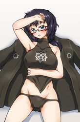  bad_id bad_pixiv_id black_hair black_panties blue_eyes blush breast_hold breasts chinese_clothes dudou female female_pubic_hair girls_und_panzer glasses halterneck haori jacket japanese_clothes looking_at_viewer loose_panties lying messy_hair octagram on_back open_clothes open_mouth oryou_(girls_und_panzer) panties photoshop_(medium) pubic_hair sakamoto_clan_(emblem) semi-rimless_eyewear short_hair solo solokov_(okb-999) under-rim_eyewear underwear 