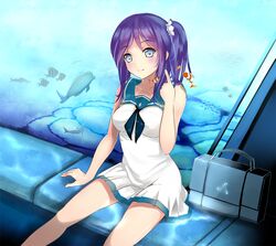  bag blue_eyes blue_hair briefcase clownfish collarbone commentary_request dress female fish hiradaira_chisaki looking_at_viewer miyabi_(miyabi) nagi_no_asukara sailor_dress school_bag school_briefcase school_uniform serafuku side_ponytail sitting solo 