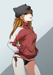  ass_visible_through_thighs bikini bikini_bottom_only blue_eyes brown_hair commentary evangelion:_3.0_you_can_(not)_redo eyepatch female hands_in_pockets hat highres jacket long_hair looking_at_viewer neon_genesis_evangelion open_mouth raito_(latek) rebuild_of_evangelion side-tie_bikini_bottom solo souryuu_asuka_langley swimsuit track_jacket 