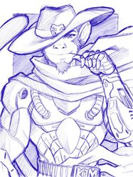  2016 5_fingers anthro armor belt biped blizzard_entertainment blue_and_white border cape clothed clothing cole_cassidy cosplay cowboy_hat eyebrows facial_hair fingers front_view fully_clothed fur goatee half-length_portrait haplorhine hat hatching_(art) headgear headwear hi_res humanoid_hands intense kom_(koomori666) long_tail looking_at_viewer machine male mammal monkey monochrome outside_border overwatch portrait power_armor primate reiser shaded shadow smile solo stare tail toothpick traditional_media_(artwork) 