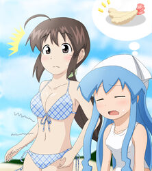  2girls blush breasts commentary_request food furukawa_keiko gandoru hungry ikamusume mole mole_under_eye multiple_girls navel shinryaku!_ikamusume shrimp spoken_food stomach stomach_growling surprised sweatdrop swimsuit thought_bubble 