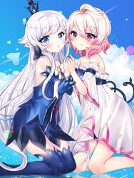  2girls ahoge bare_legs bare_shoulders black_bow blue_background blue_dress blue_eyes blue_sleeves blue_thighhighs bow bowtie brooch child_(elsword) cloud commentary_request crown day demon_power_(elsword) detached_sleeves dress elsword highres jewelry kneeling laby_(elsword) long_hair looking_at_viewer luciela_r._sourcream mini_crown multiple_girls pink_eyes pink_hair short_hair sky smile symmetry tail thighhighs white_bow white_dress white_hair white_sleeves xes_(xes_5377) zettai_ryouiki 