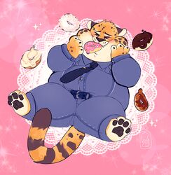  2016 abstract_background anthro barefoot belly benjamin_clawhauser big_belly biped cheetah clothing dessert digital_media_(artwork) disney doughnut feet felid feline food fur male mammal obese obese_male overweight overweight_male pastry pawpads police police_officer_eating_donut police_uniform popomodoro solo uniform zootopia 