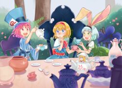  4girls :d alice_in_wonderland alice_margatroid animal_ears blonde_hair blue_eyes bogyaku_no_m bush capelet chair commentary_request cosplay cup dress green_eyes hairband hand_on_own_cheek hand_on_own_face hat konpaku_youmu mad_hatter_(alice_in_wonderland) mad_hatter_(alice_in_wonderland)_(cosplay) march_hare_(alice_in_wonderland) march_hare_(alice_in_wonderland)_(cosplay) mini_person minigirl multiple_girls name_connection open_mouth pink_eyes pink_hair pouring rabbit_ears saigyouji_yuyuko shanghai_doll sitting smile tea_party teacup teapot top_hat touhou tree white_hair 