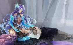  2girls breasts brighid_(xenoblade) closed_eyes commentary_request fire gloves highres long_hair medium_breasts morag_ladair_(xenoblade) multiple_girls purple_hair xenoblade_chronicles_(series) xenoblade_chronicles_2 yuri yuuta_(ruin0811) 