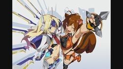  2girls :&lt; ;3 ;d ahoge animal_ears antenna_hair arm_up armor armpits asymmetrical_docking black_gloves black_thighhighs blazblue blazblue:_chronophantasma blonde_hair blue_eyes blush boots breast_press breasts brown_hair buckle clenched_hand cowboy_shot crop_top crotch_plate elbow_gloves fingerless_gloves floating_hair forehead_protector from_above from_side gloves gradient_background knee_boots large_breasts long_hair looking_at_viewer makoto_nanaya mecha_musume mechanical_wings midriff miniskirt mu-12 multicolored_hair multiple_girls navel necktie neon_trim official_art one_eye_closed open_mouth orange_eyes outline pillarboxed raised_fist robot_ears shadow short_hair side_slit skirt sleeveless small_breasts smile squirrel_ears squirrel_girl squirrel_tail standing standing_on_one_leg tail takeda_hiromitsu thighhighs turtleneck two-tone_hair underboob very_long_hair white_background white_hair wings 