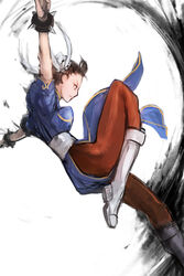  boots bracelet breasts brown_hair brown_pantyhose bun_cover china_dress chinese_clothes chun-li commentary_request double_bun dress female from_side hair_bun inkblot jewelry kicking knee_boots medium_breasts pantyhose pelvic_curtain sash short_hair solo spiked_bracelet spikes street_fighter street_fighter_iv_(series) thighs totteri 