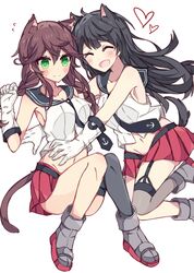  ^_^ agano_(kantai_collection) animal_ears bare_shoulders black_hair boots braid brown_hair cat_ears cat_tail clenched_hand closed_eyes closed_eyes dog_ears dog_tail gloves green_eyes heart highres kantai_collection kemonomimi_mode kvlen navel necktie noshiro_(kantai_collection) open_mouth single_thighhigh skirt smile tail thighhighs twin_braids white_gloves 