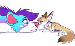  ambiguous_gender blue_body blue_eyes blue_fur boop canid canine duo fennec_fox feral fox fur hair hyena lying mammal on_front paws purple_hair scarf simple_background smile spotted_hyena taykoe true_fox white_background 