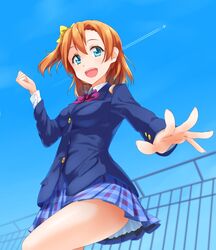  blazer blue_eyes blue_sky bow checkered checkered_skirt female hairbow hazuki_akaoto jacket kousaka_honoka long_sleeves looking_at_viewer love_live!_school_idol_project open_mouth orange_hair pleated pleated_skirt school_uniform side_ponytail side_tail skirt sky solo uniform 