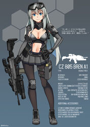  40mm_grenade ammunition ammunition_pouch artist_name belt belt_pouch black-framed_eyewear black_belt black_pantyhose blue_background blue_skirt blunt_ends boots bra breasts buckle character_name chinese_commentary cleavage cleavage_cutout closed_mouth clothing_cutout commentary_request cross-laced_footwear cz-805_(girls&#039;_frontline) cz_805_bren english_text female fingerless_gloves full_body girls&#039;_frontline gloves goggles goggles_on_head gradient_background grenade_launcher grey_background grey_bra grey_footwear grey_hair grey_skirt gun hexagon high_heels highres holding holding_gun holding_weapon hybrid_sight knee_pads long_hair looking_at_viewer magazine_(weapon) navel ndtwofives optical_sight pantyhose patterned_background pleated_skirt pouch revealing_clothes single_knee_pad skirt smile snap-fit_buckle solo stencil_lettering stomach thigh_pouch thigh_strap title translated trigger_discipline twitter_username two-tone_skirt underbarrel_grenade_launcher underwear weapon weapon_name white_hair 