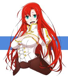  akitetsu armor bad_id bad_twitter_id boudica_(fate) boudica_(third_ascension)_(fate) breasts cleavage cleavage_cutout clothing_cutout corset fate/grand_order fate_(series) faulds female green_eyes highres juliet_sleeves large_breasts long_hair long_sleeves looking_at_viewer o-ring o-ring_top open_mouth puffy_sleeves red_hair shrug_(clothing) smile solo 