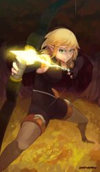  aiming arrow_(projectile) black_gloves blonde_hair bodysuit boots bow_(weapon) breasts commentary cra_(wakfu) drawing_bow elbow_gloves evangelyne_(wakfu) female fighting_stance fingerless_gloves freckles gloves glowing green_eyes holding holding_arrow holding_bow_(weapon) holding_weapon large_breasts nose ohnarev outstretched_arm pointy_ears short_hair solo thigh_boots thighhighs wakfu weapon 