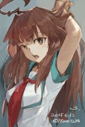  +_+ :o ahoge arms_up brown_hair commentary_request dated female hand_in_own_hair highres kantai_collection kuma_(kancolle) long_hair oerba_yun_fang open_mouth school_uniform serafuku short_sleeves solo toro_(konirio) twitter_username upper_body 